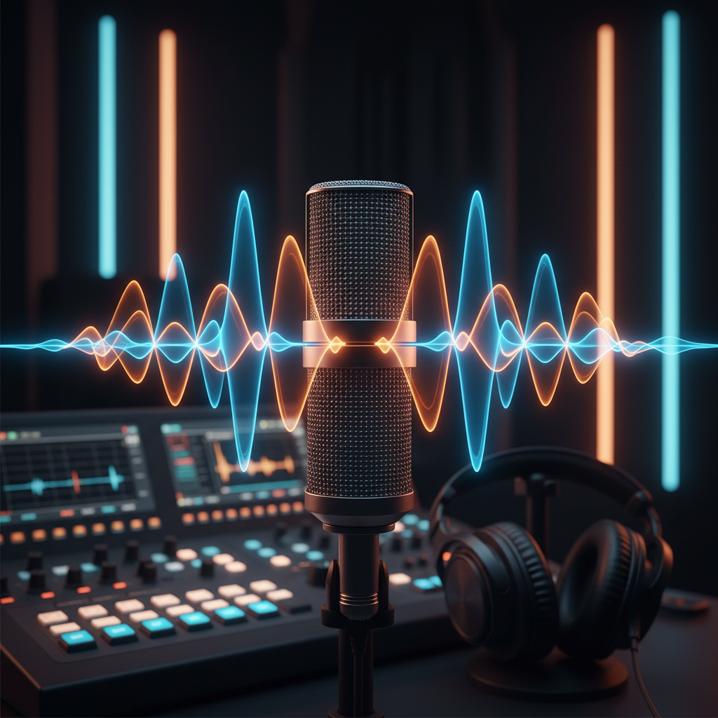 Dark music studio with moody amber lighting, mixing board in shadow, atmospheric low-key environment