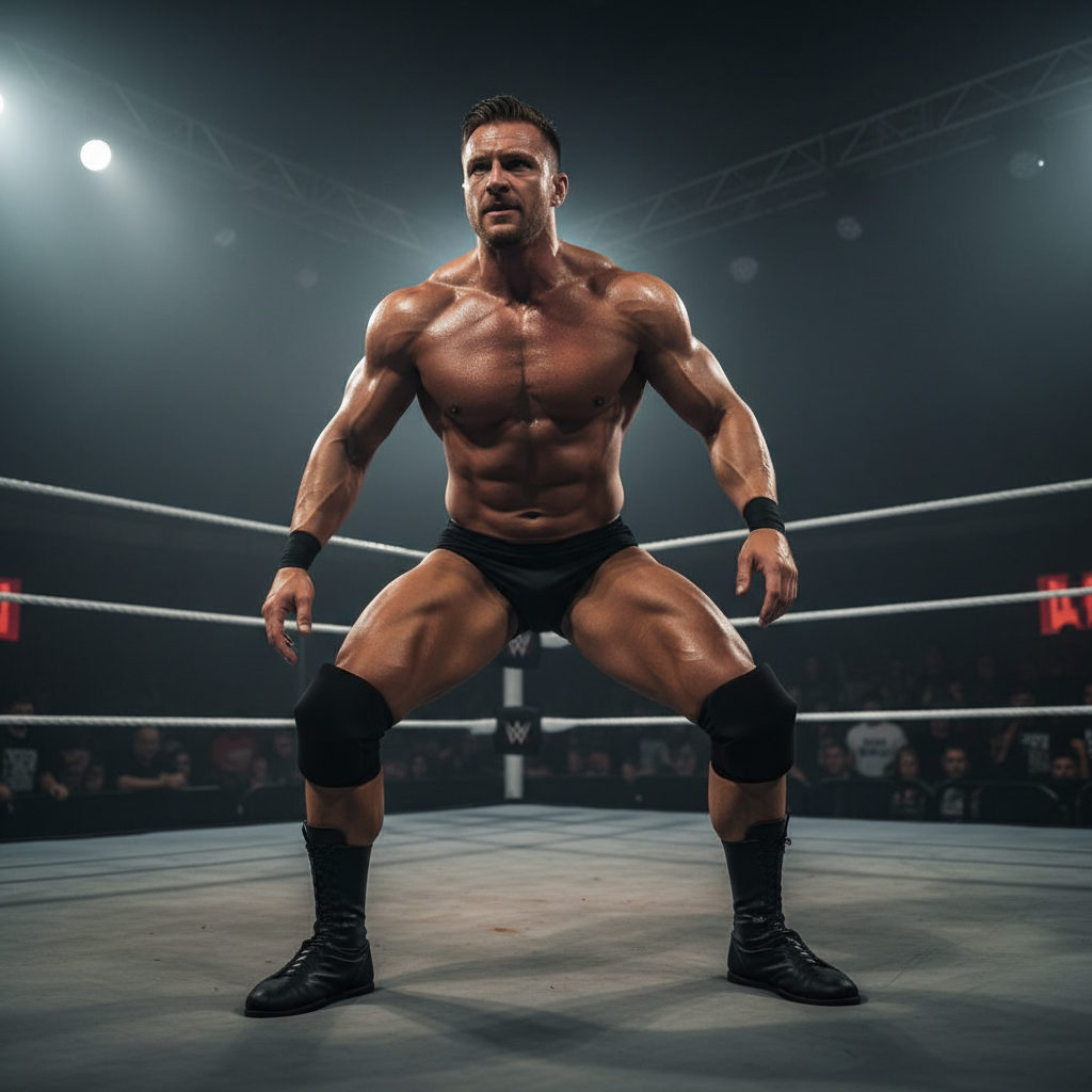 Muscular male wrestler in fighting stance, heavyweight build, determined expression