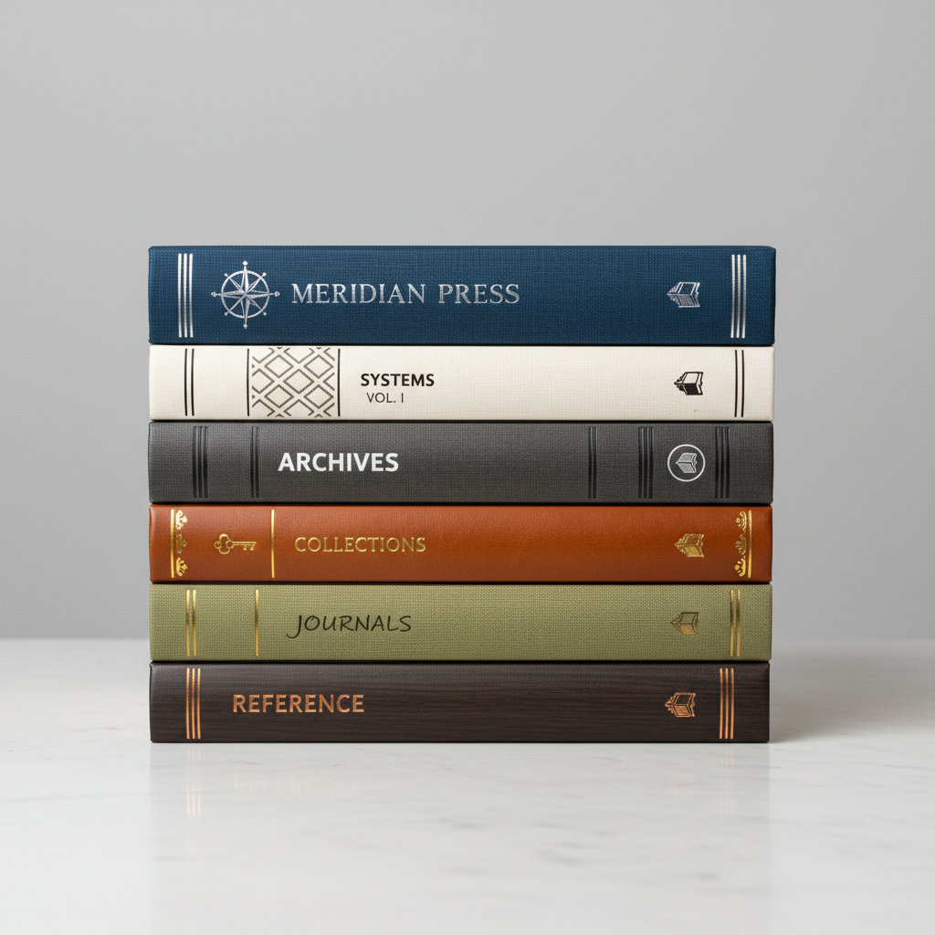 Meridian Press brand system book stack with spine treatments