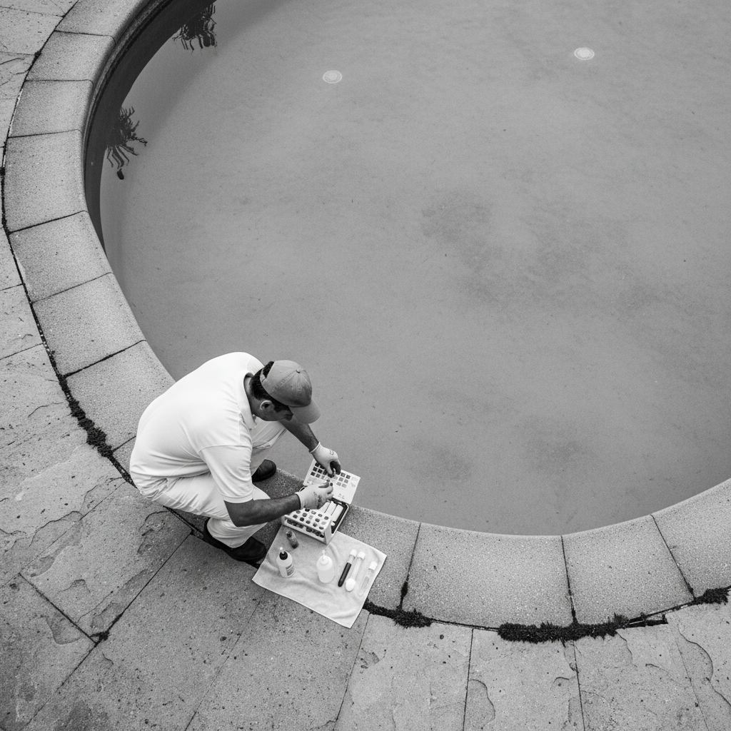 Pool maintenance technician crouched at pool edge testing water chemistry, shot from above in black and white editorial style