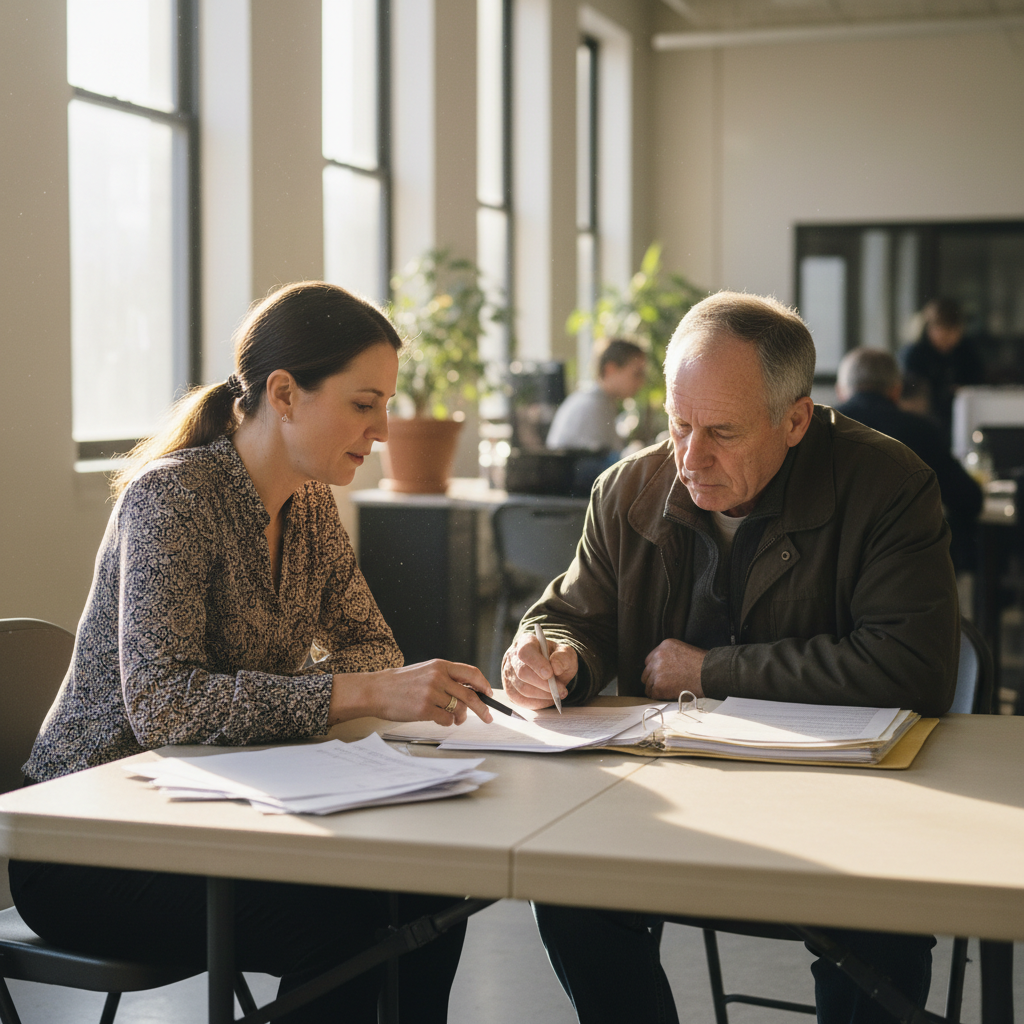 Case manager sitting across a folding table from a client, helping them fill out paperwork in a bright community office