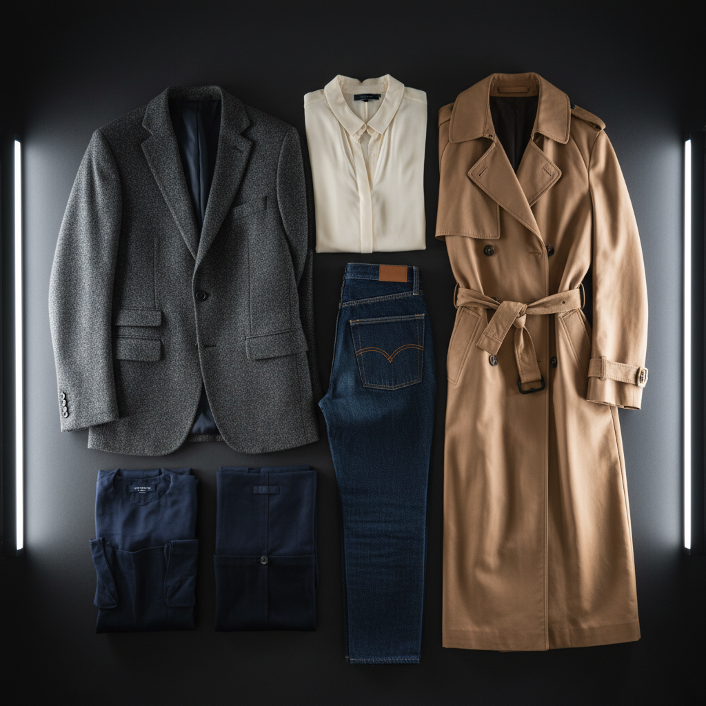Luxury fashion clothing displayed in minimalist dark editorial environment