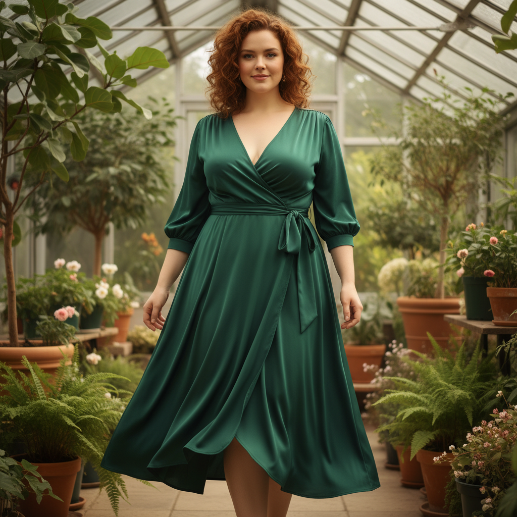 Woman in midi wrap dress, plus-size, showing drape and neckline stability