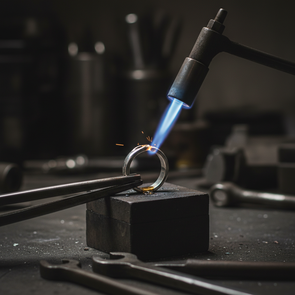 Torch flame soldering a silver knuckle ring in dark garage