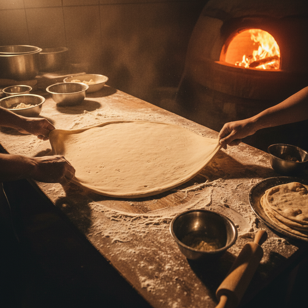 Open kitchen with tandoor clay oven glowing orange, hands stretching dough on a floured surface