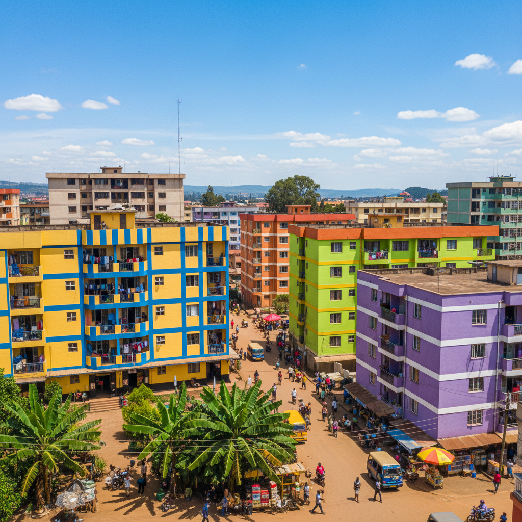 Affordable residential neighborhood in Kasarani Nairobi with colorful apartment buildings