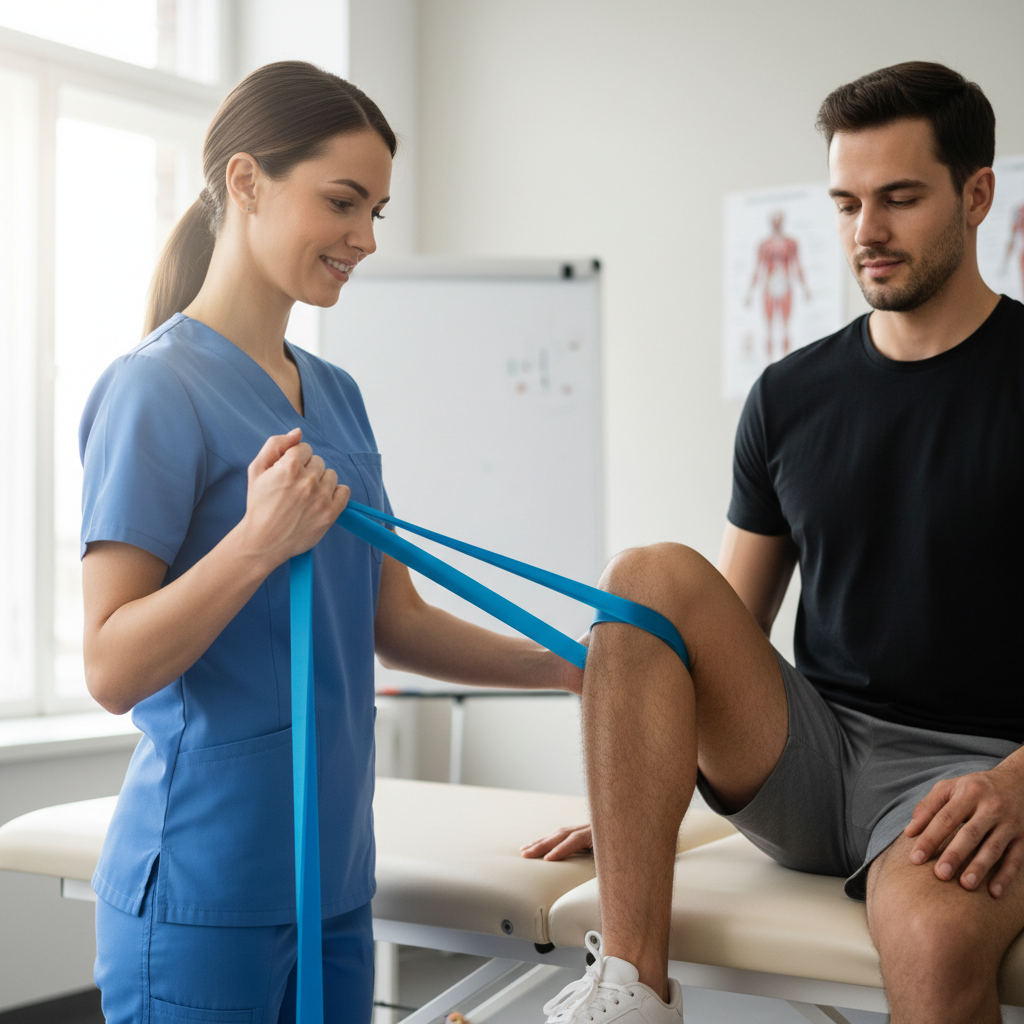 Sports rehabilitation specialist guiding athlete through resistance band knee recovery exercise