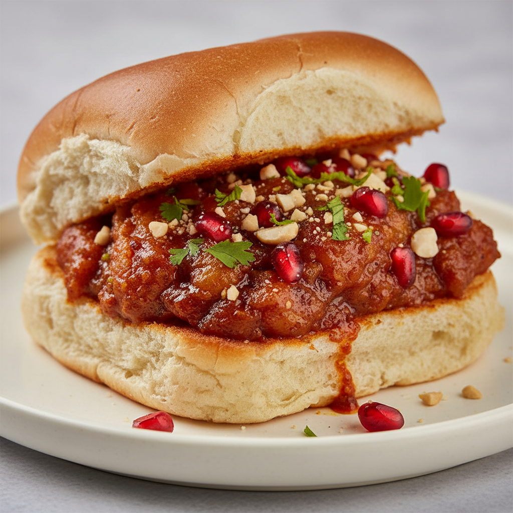 Kutchi dabeli split open showing spiced potato filling, pomegranate seeds, sev and chutneys inside golden toasted pav