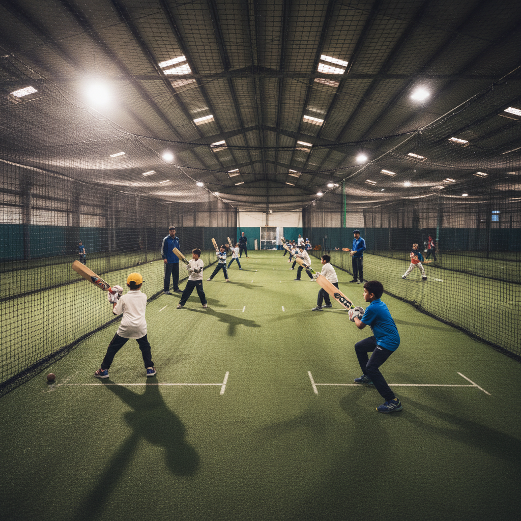 Young junior cricket players practicing batting technique in indoor nets under bright floodlights