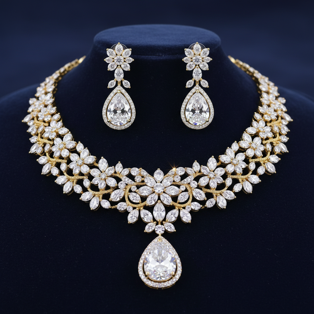 Delicate pearl drop necklace and earring set in white and gold on velvet