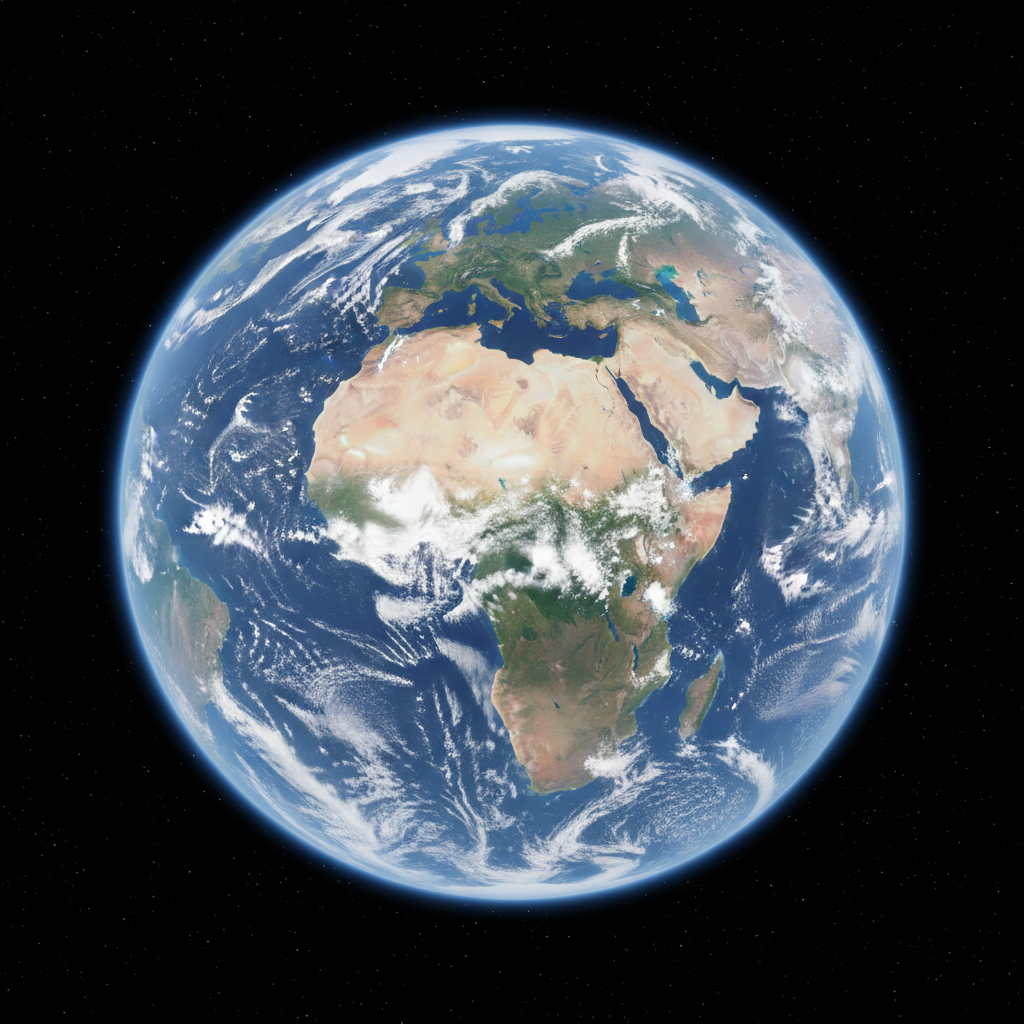 Earth from space showing blue oceans and continents, planet with iron core visible in scientific illustration