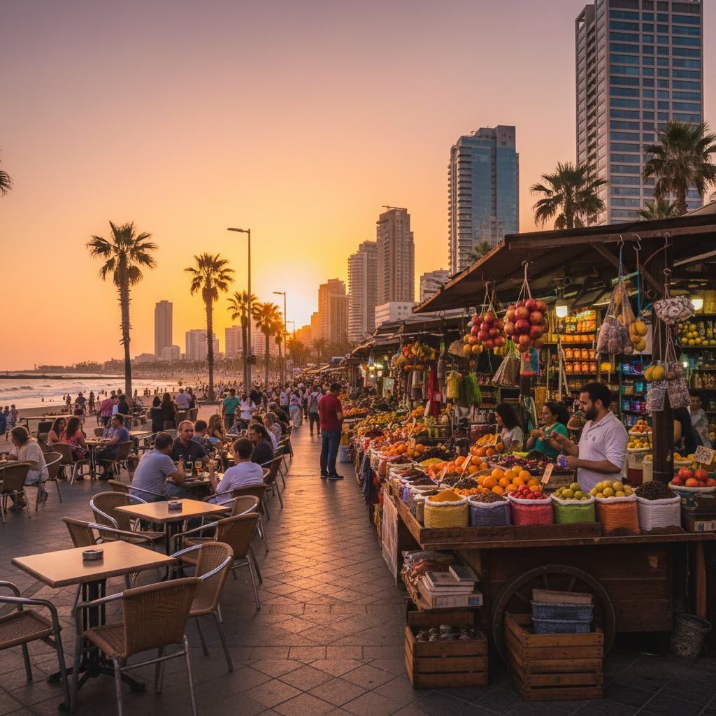 Tel Aviv beachfront promenade at sunset with warm Mediterranean light, outdoor cafes, and pomegranate sellers at Carmel Market