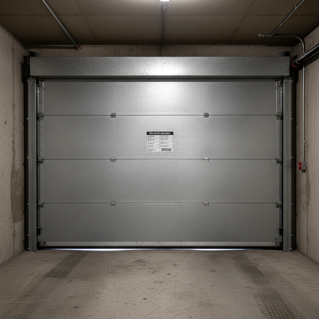 Fire-rated steel overhead door in a concrete parking garage with code compliance label visible