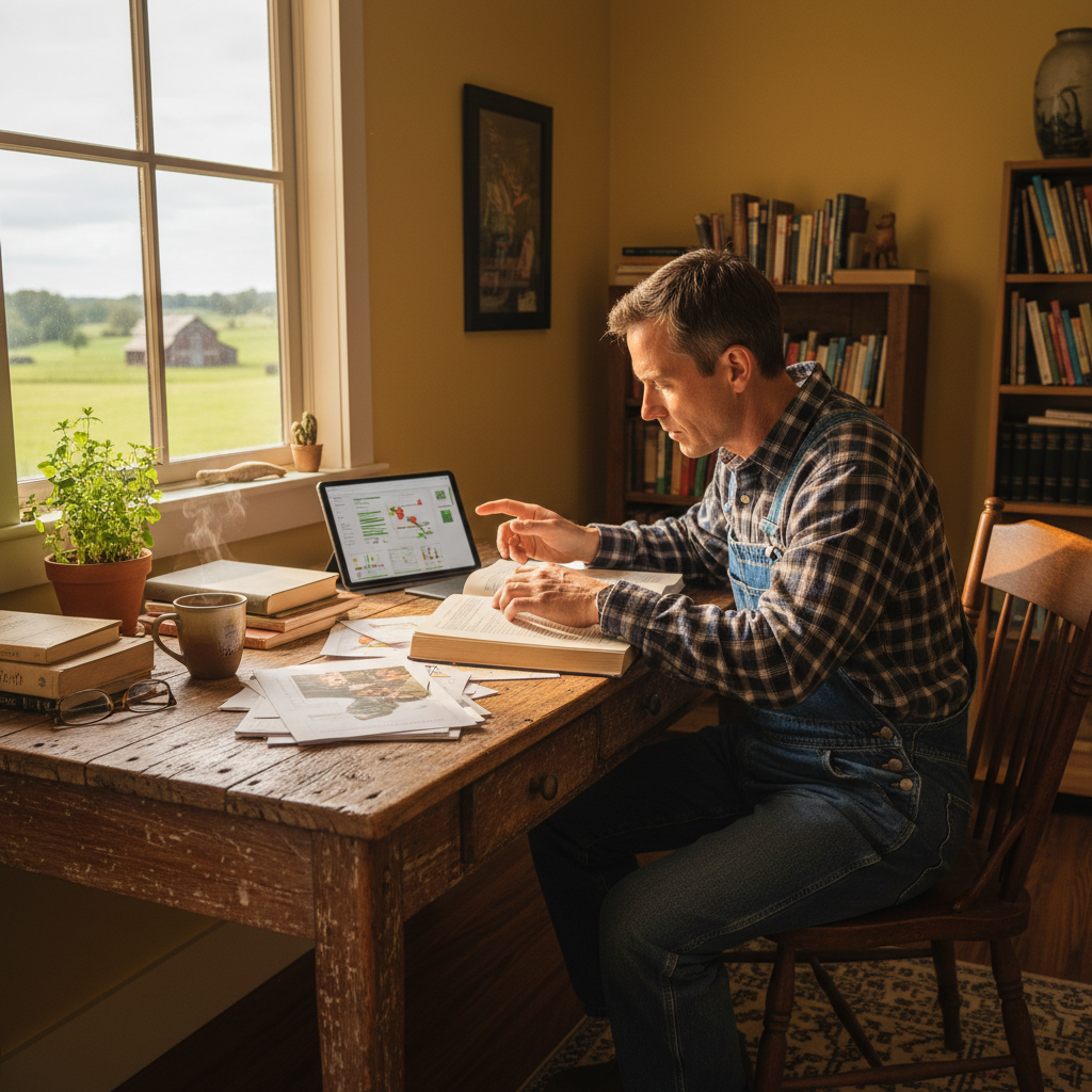 Person browsing farming resources at wooden desk, warm natural light, earthy tones