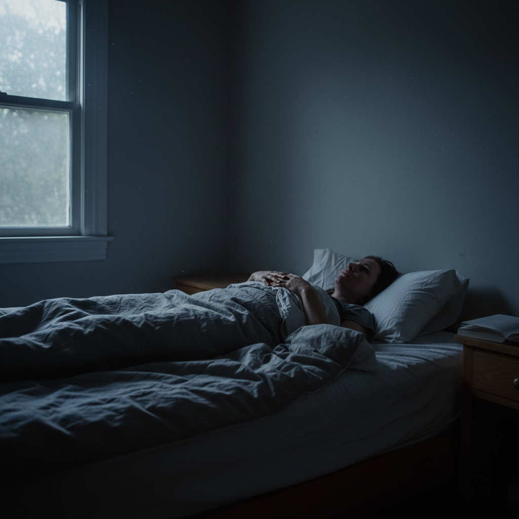 Person lying awake in bed at night, soft ambient light, restless and unable to sleep