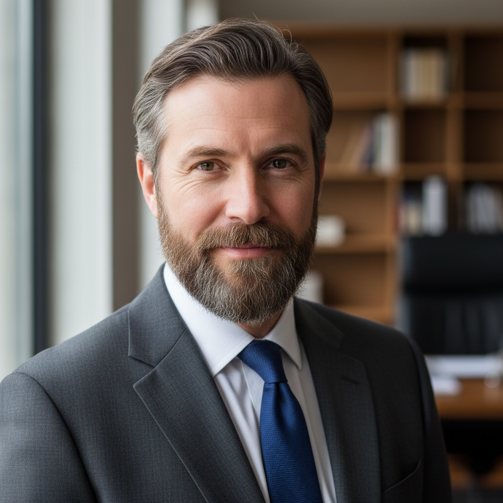 Middle-aged British man with grey beard, thoughtful expression, professional headshot