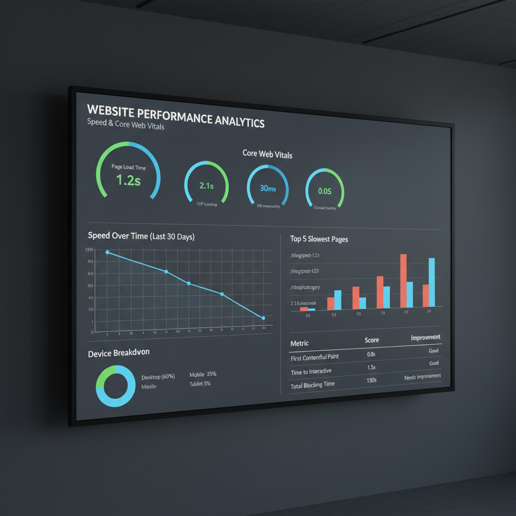 Performance metrics dashboard on dark screen, green scores, analytics data visualization