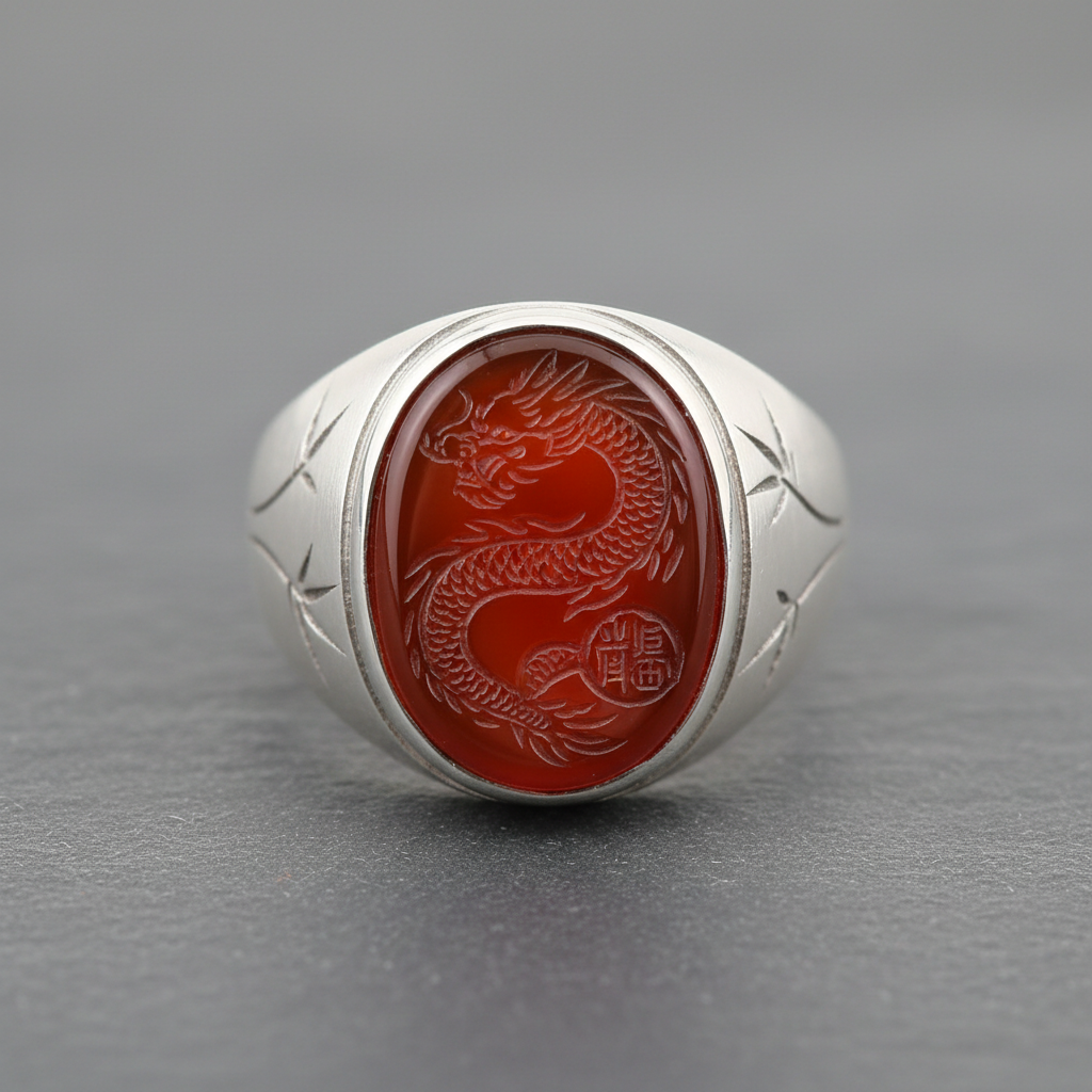 Scholar seal signet ring with carnelian intaglio stone in sterling silver setting