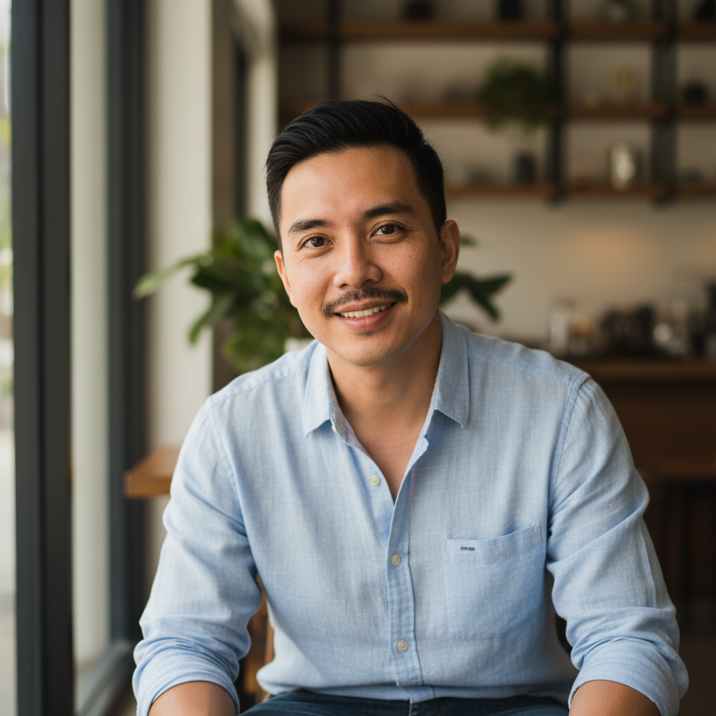 Filipino man smiling, casual shirt, outdoor warm light portrait