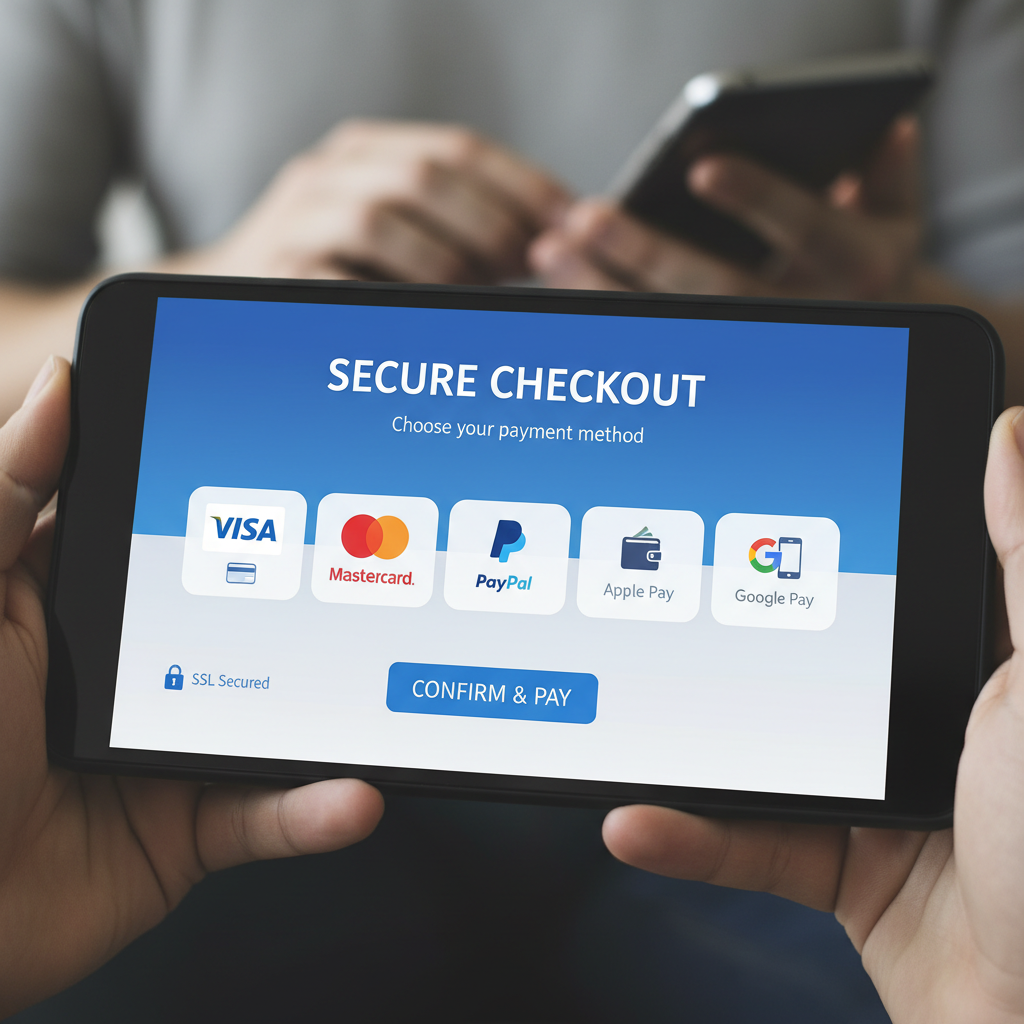Close-up of hands holding a credit card near a laptop with secure checkout screen