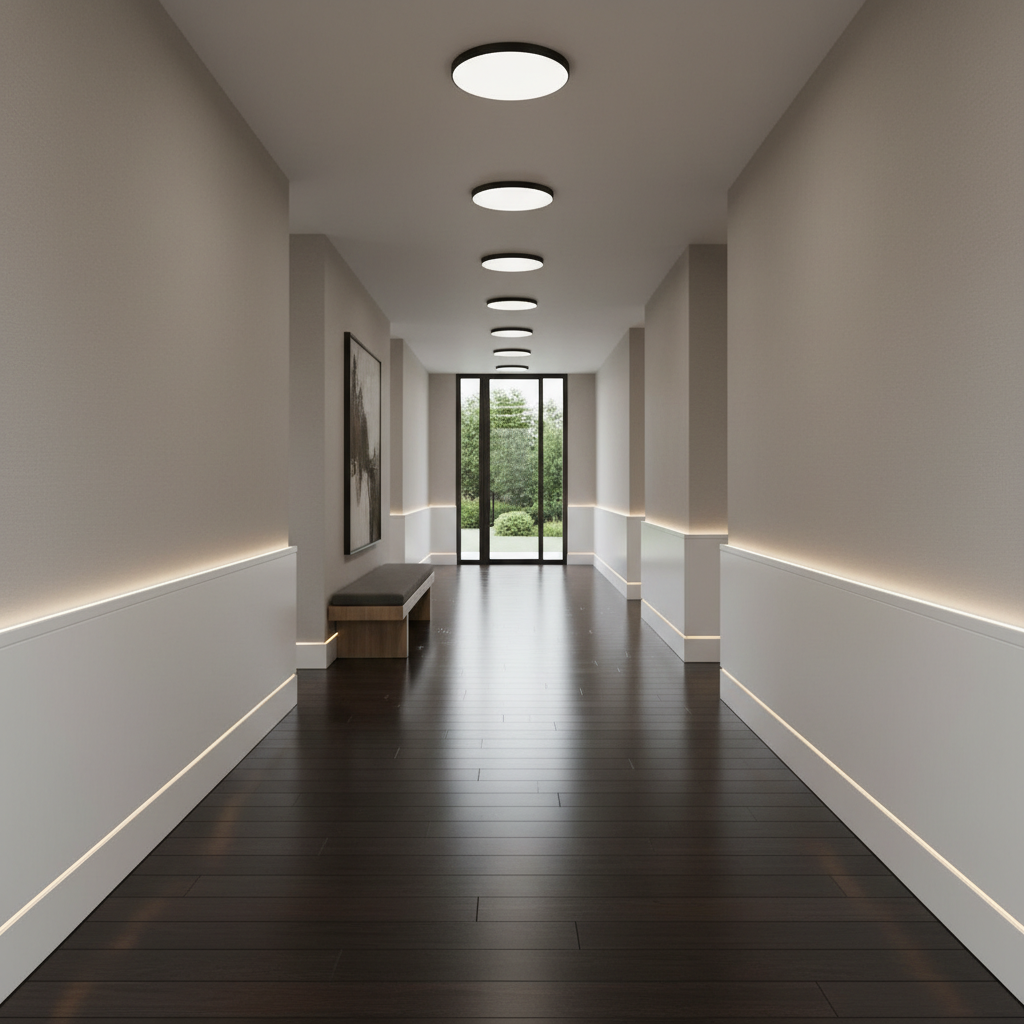 Modern hallway after renovation with smooth white walls and elegant lighting