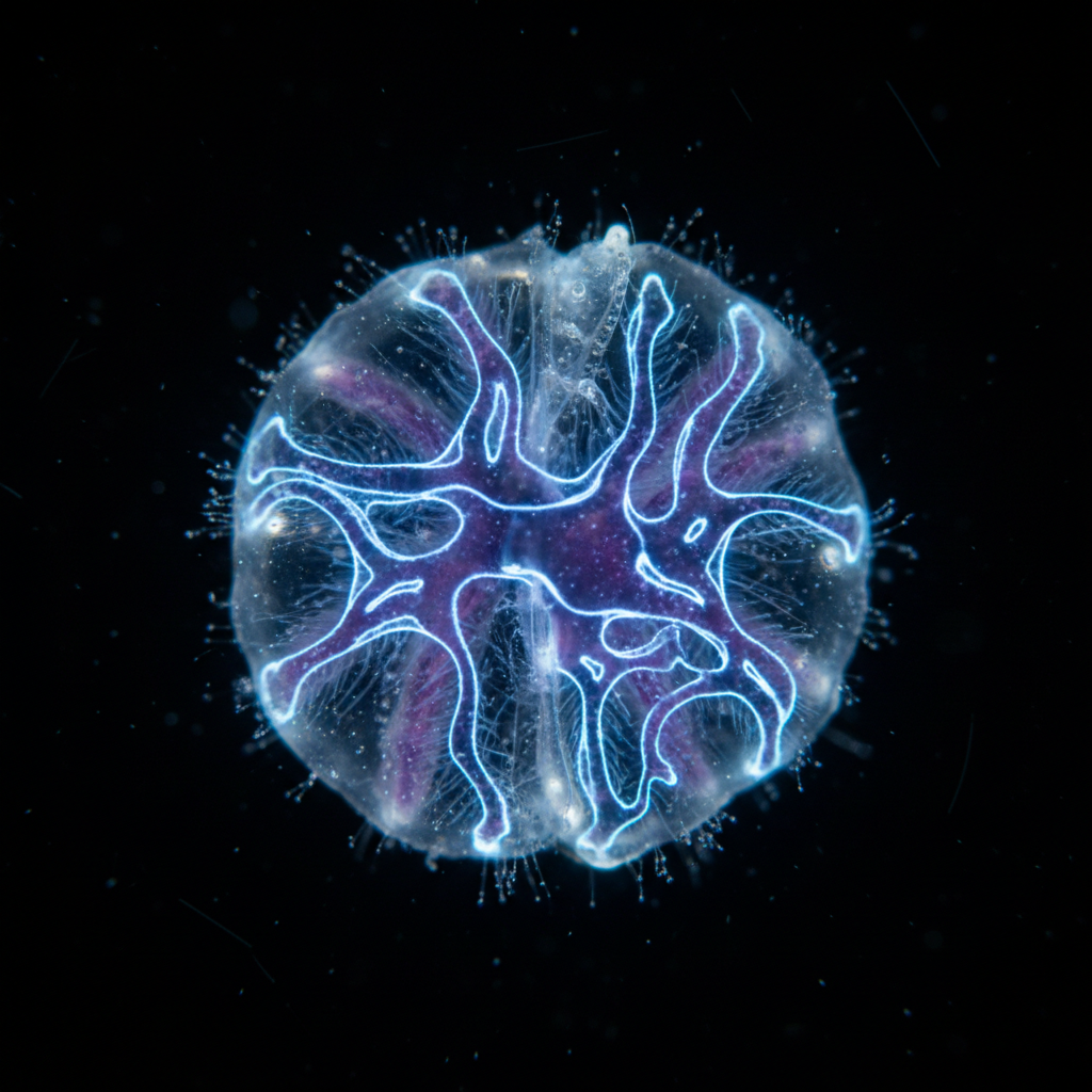 Glowing bioluminescent deep sea creature in pitch black ocean water with intricate light patterns