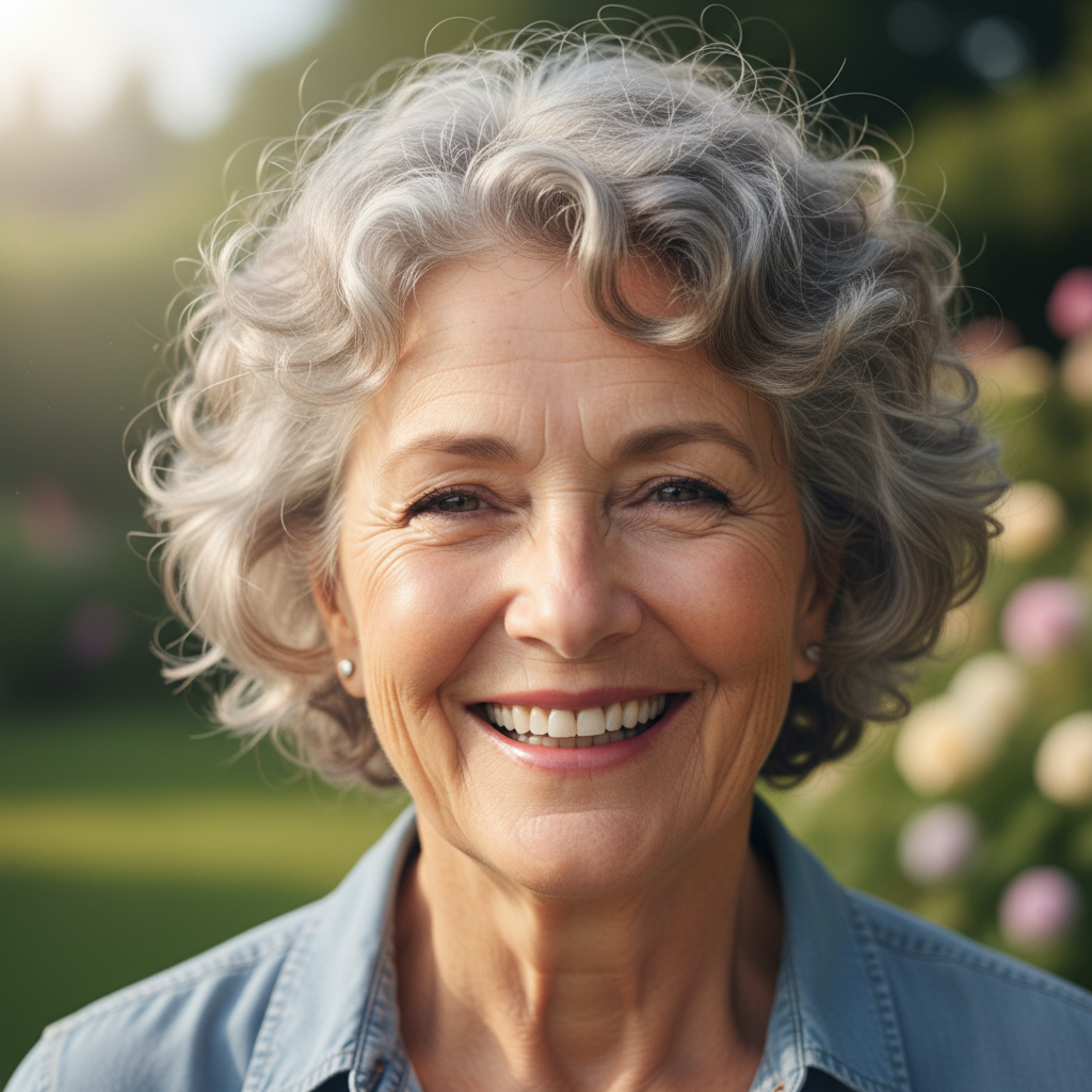 Smiling Polish woman in her 60s, warm natural light, genuine expression, health and wellness context