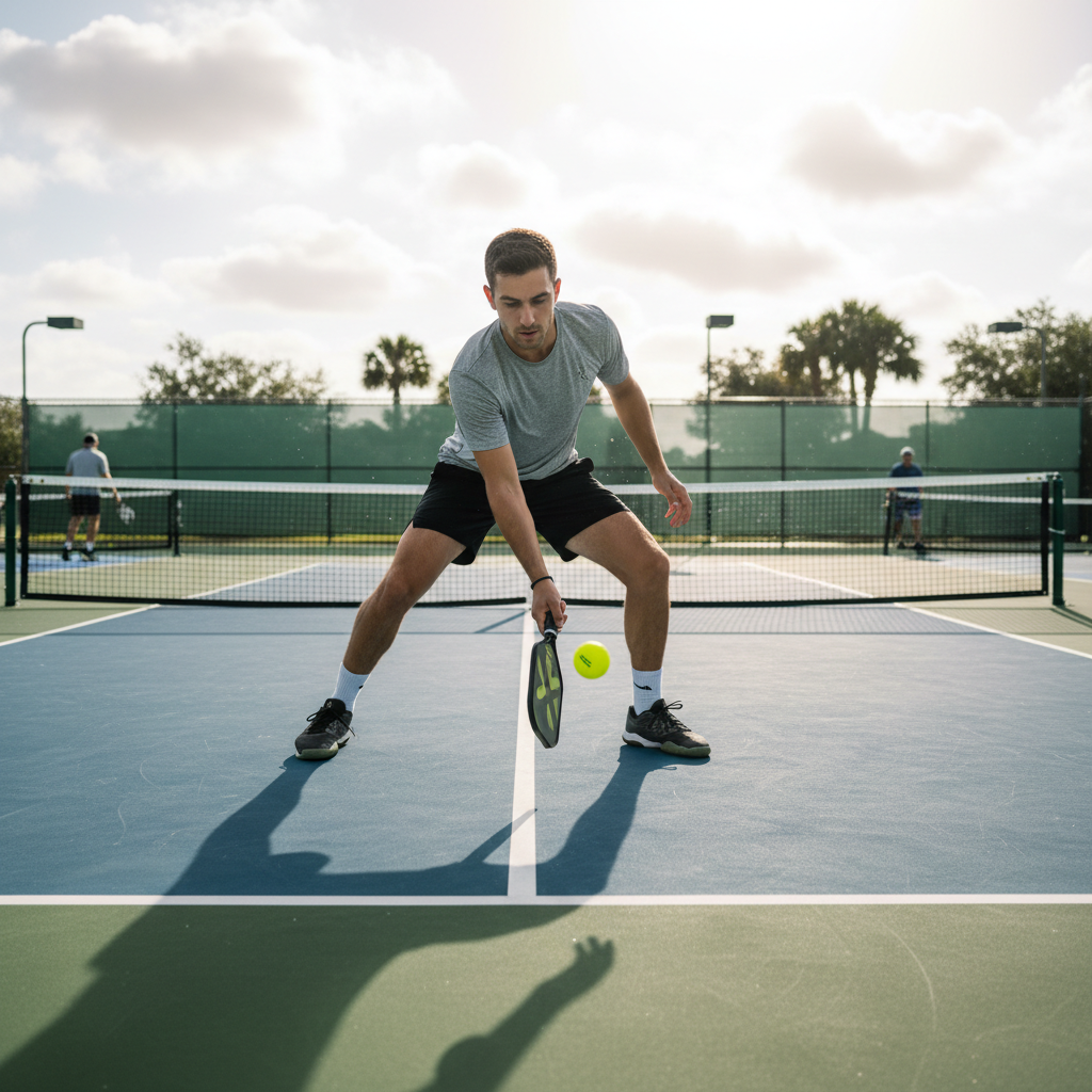 Pickleball instructor demonstrating the third-shot drop technique to a small group of students on an indoor court