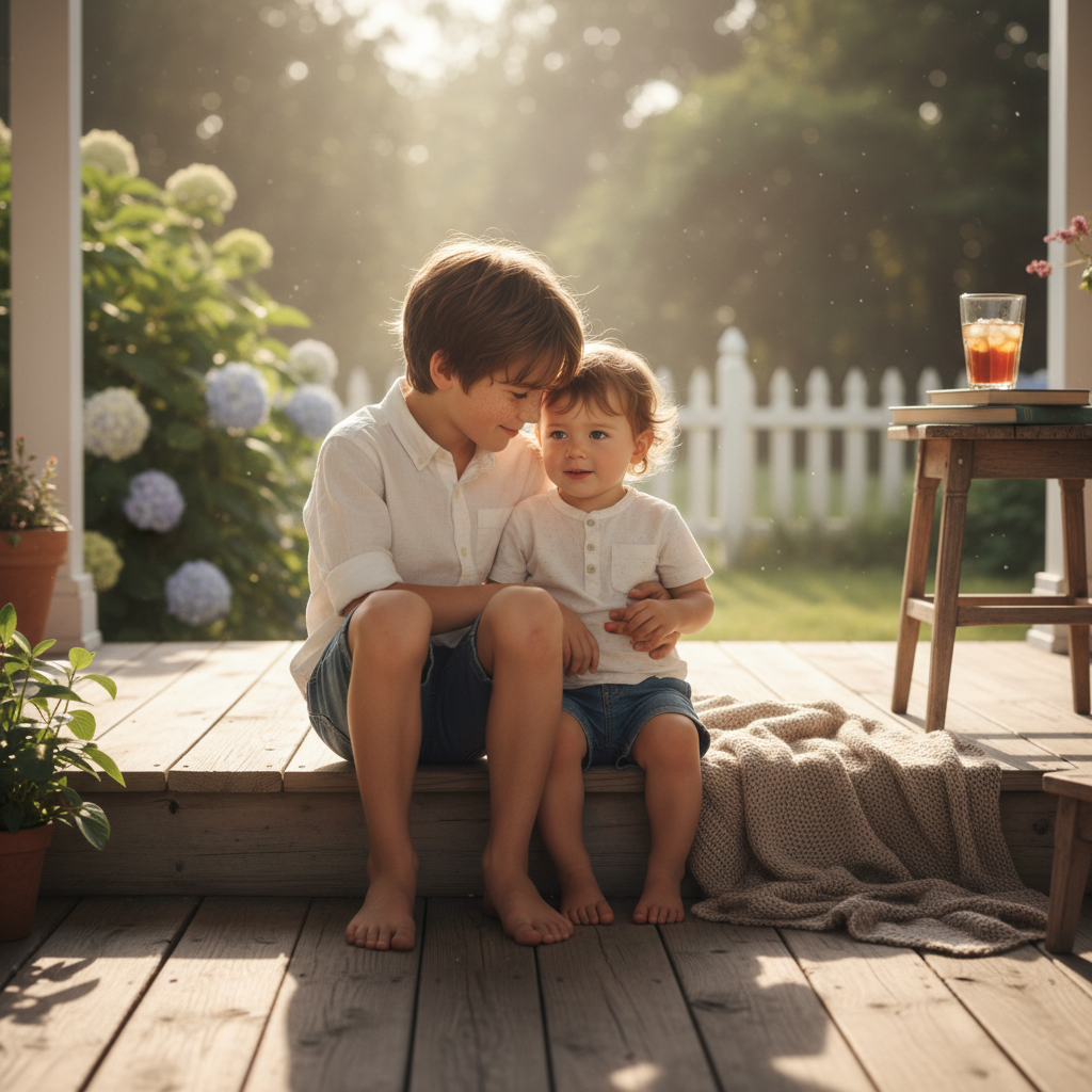Two brothers sitting side by side on a porch step in warm afternoon light, the older one leaning gently toward the younger