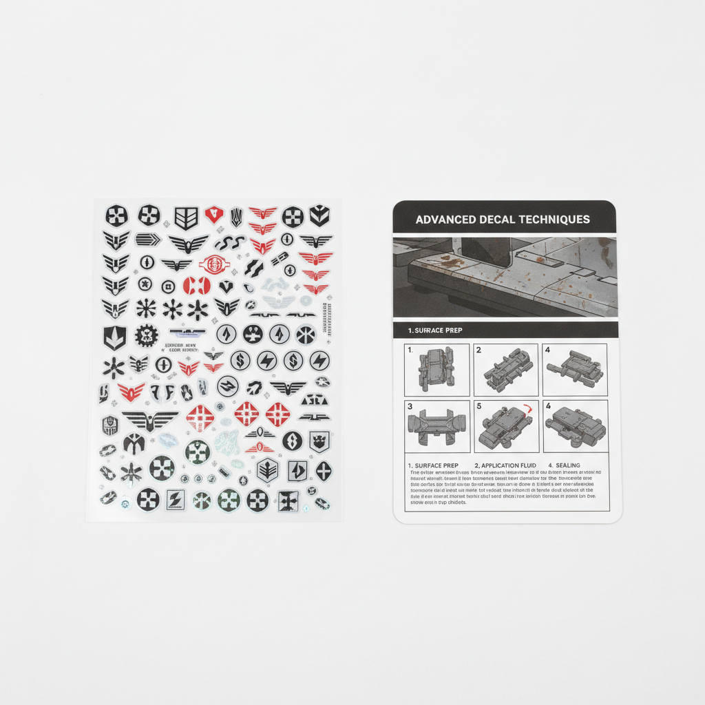 Decal sheet and technique card from Sprue subscription box with assembly manual