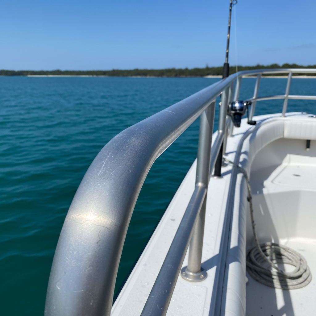 Aluminum boat railing after professional TIG weld — bead ground flush, back in service