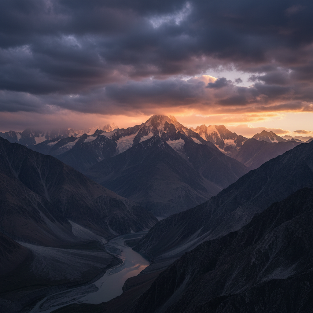 Hunza valley mountain peaks at dusk with deep shadows and moody clouds