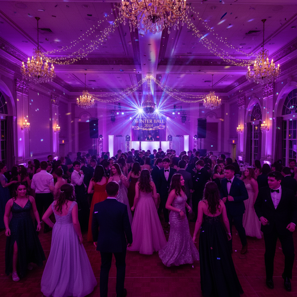 Students dressed in formal attire dancing at school winter formal with purple uplighting
