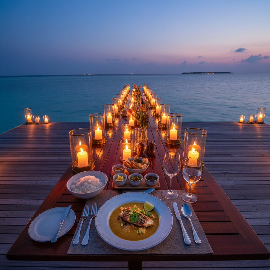 Elegant overwater dining table set at sunset, candles flickering, ocean stretching to horizon in warm orange glow
