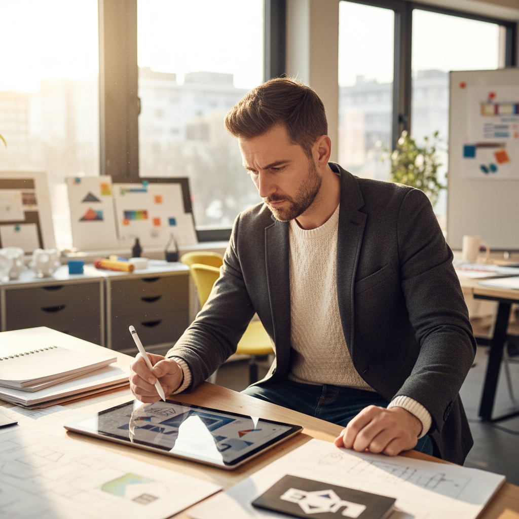 Focused professional man in smart casual attire against a neutral background, warm lighting