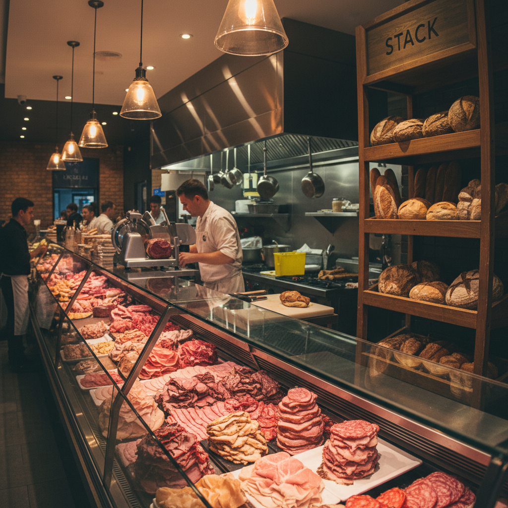Fresh deli counter with sliced meats and prepared foods in a well-lit glass display case