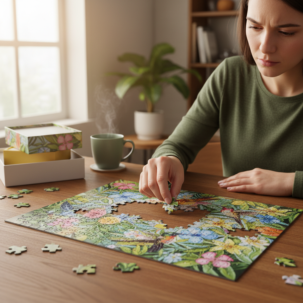 Subscriber solving the 500-piece botanical puzzle mid-completion