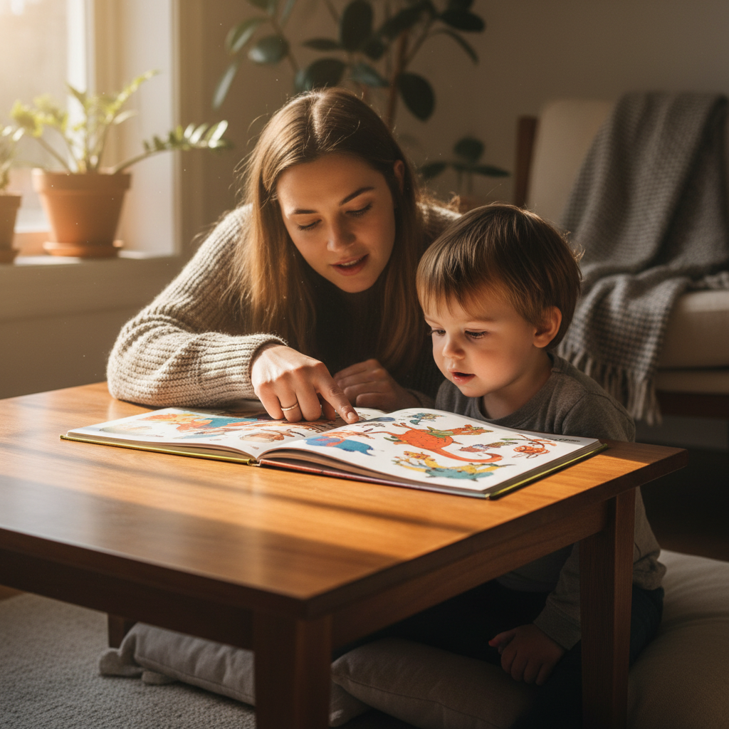 Caregiver seated at a low wooden table with a young child, pointing at an illustrated book in warm natural window light