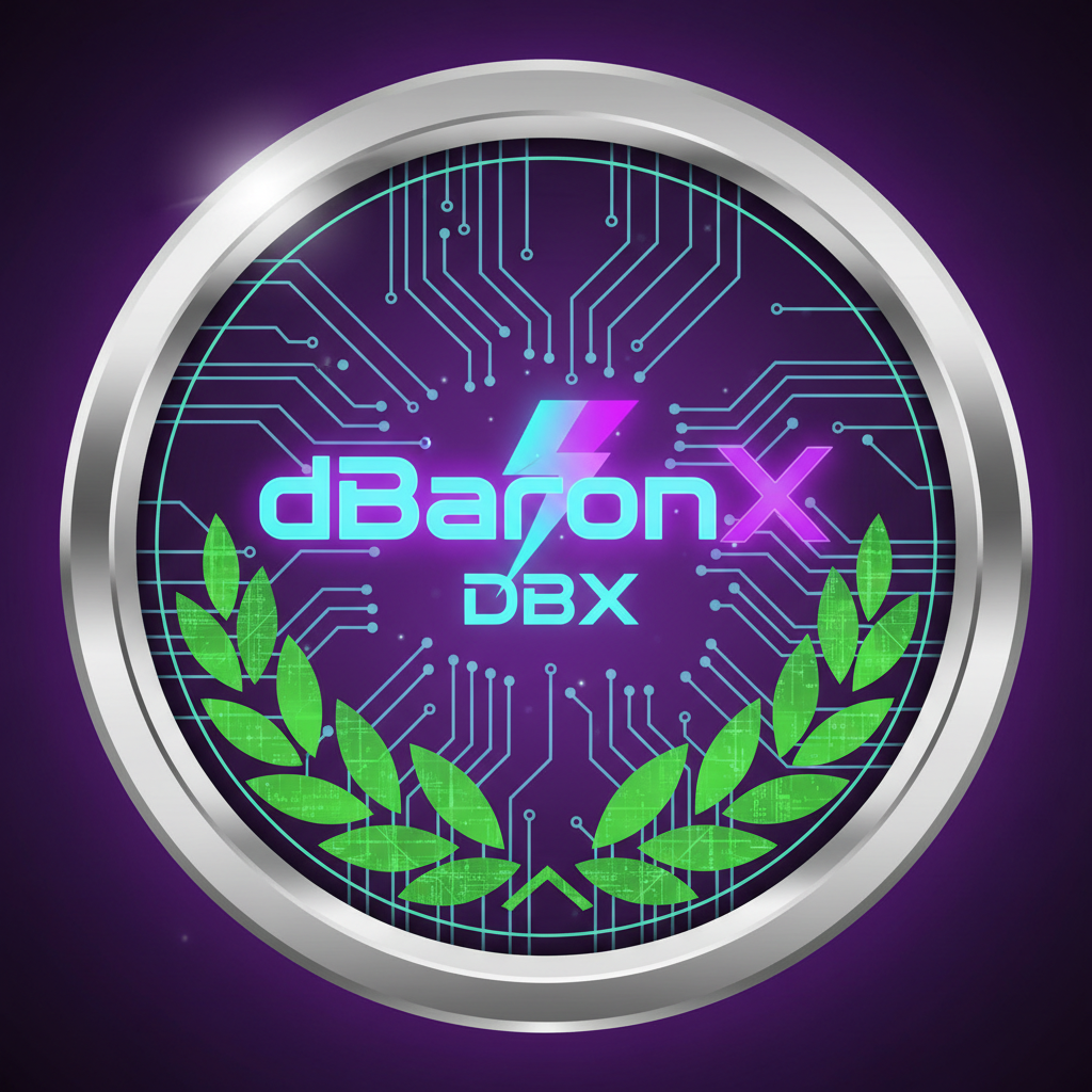dBaronX DBX token logo — official circular glowing purple with circuit background and green laurels
