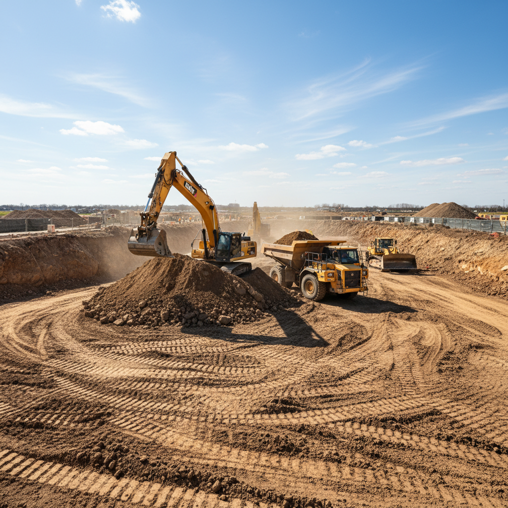 Large yellow mining dump truck on construction site, industrial setting, dramatic sky