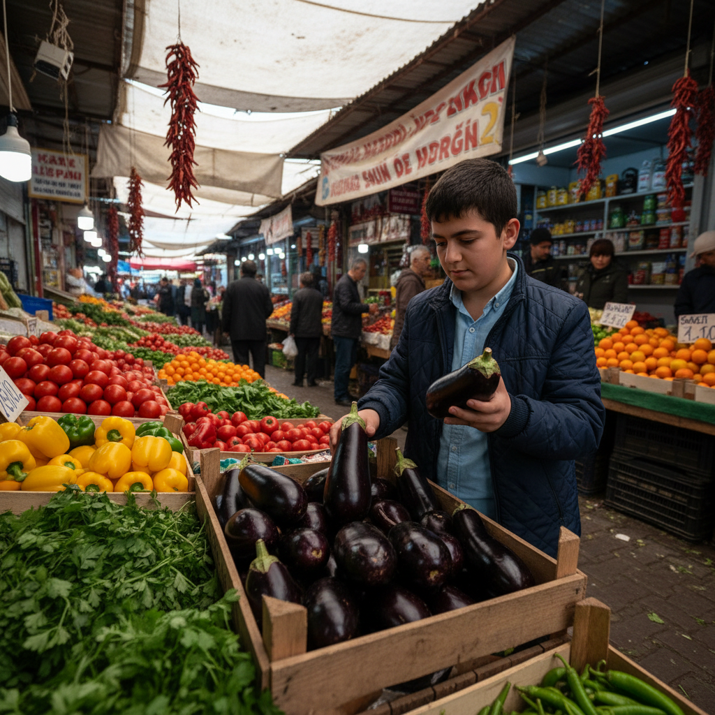 A student selecting fresh eggplants at a Turkish produce market
