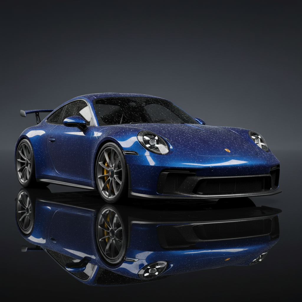 Porsche GT3 under halogen inspection light, paint beading with water
