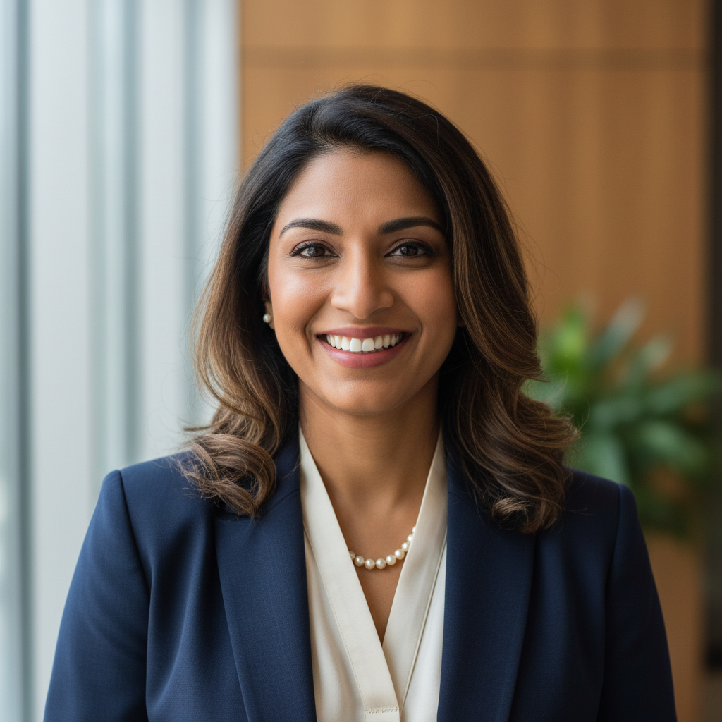 Indian American woman in professional attire, elementary school principal smiling