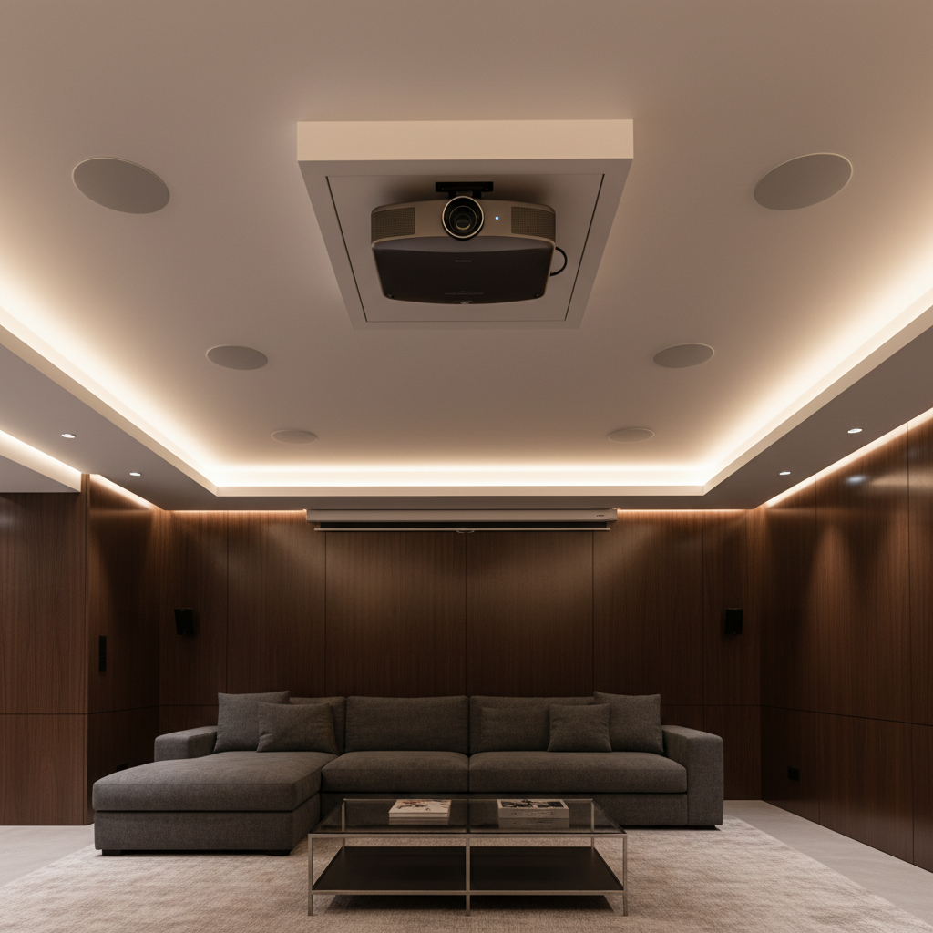 Ceiling-mounted projector installation in finished basement with clean in-ceiling speaker placement