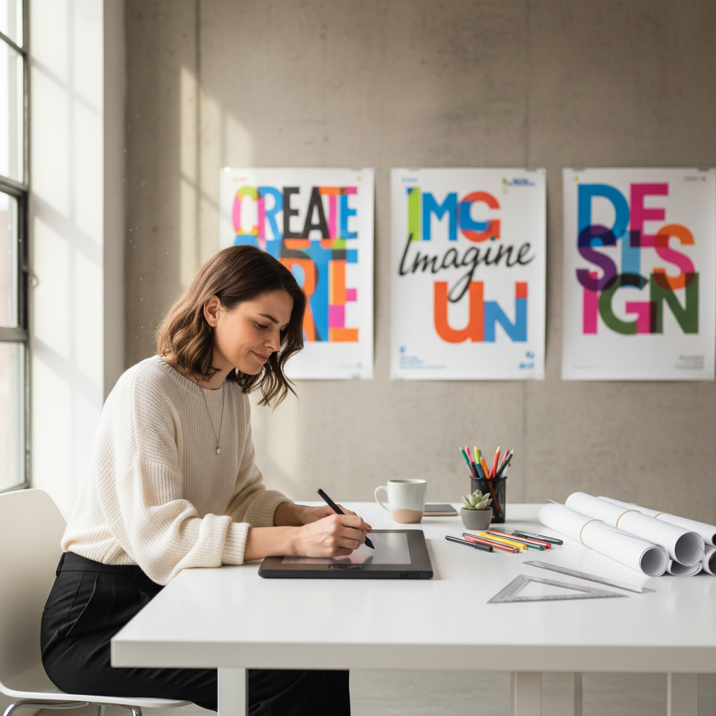 Aisha Okonkwo, graphic designer, in modern studio with typographic posters visible on wall behind her