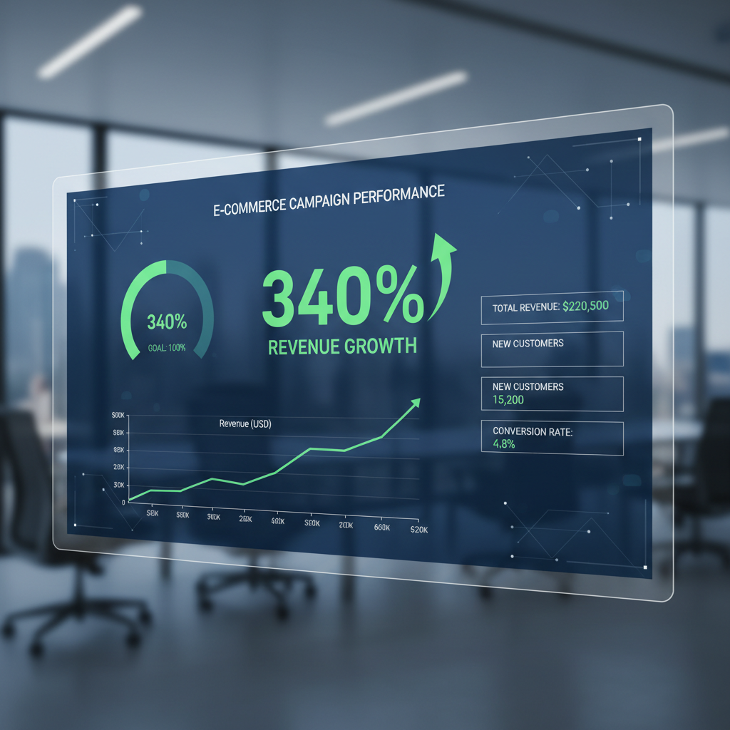 E-commerce website dashboard showing organic traffic growth and revenue metrics