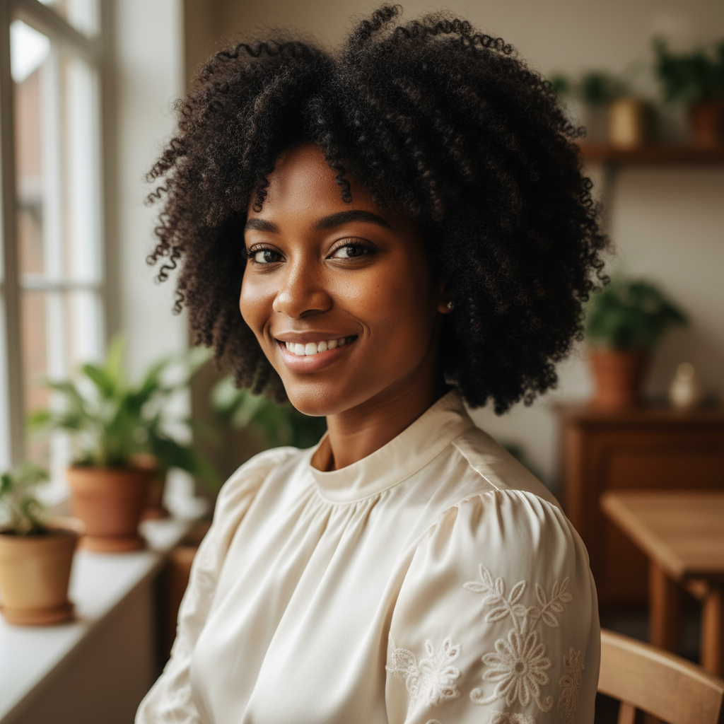 Ghanaian woman with natural hair, warm smile portrait