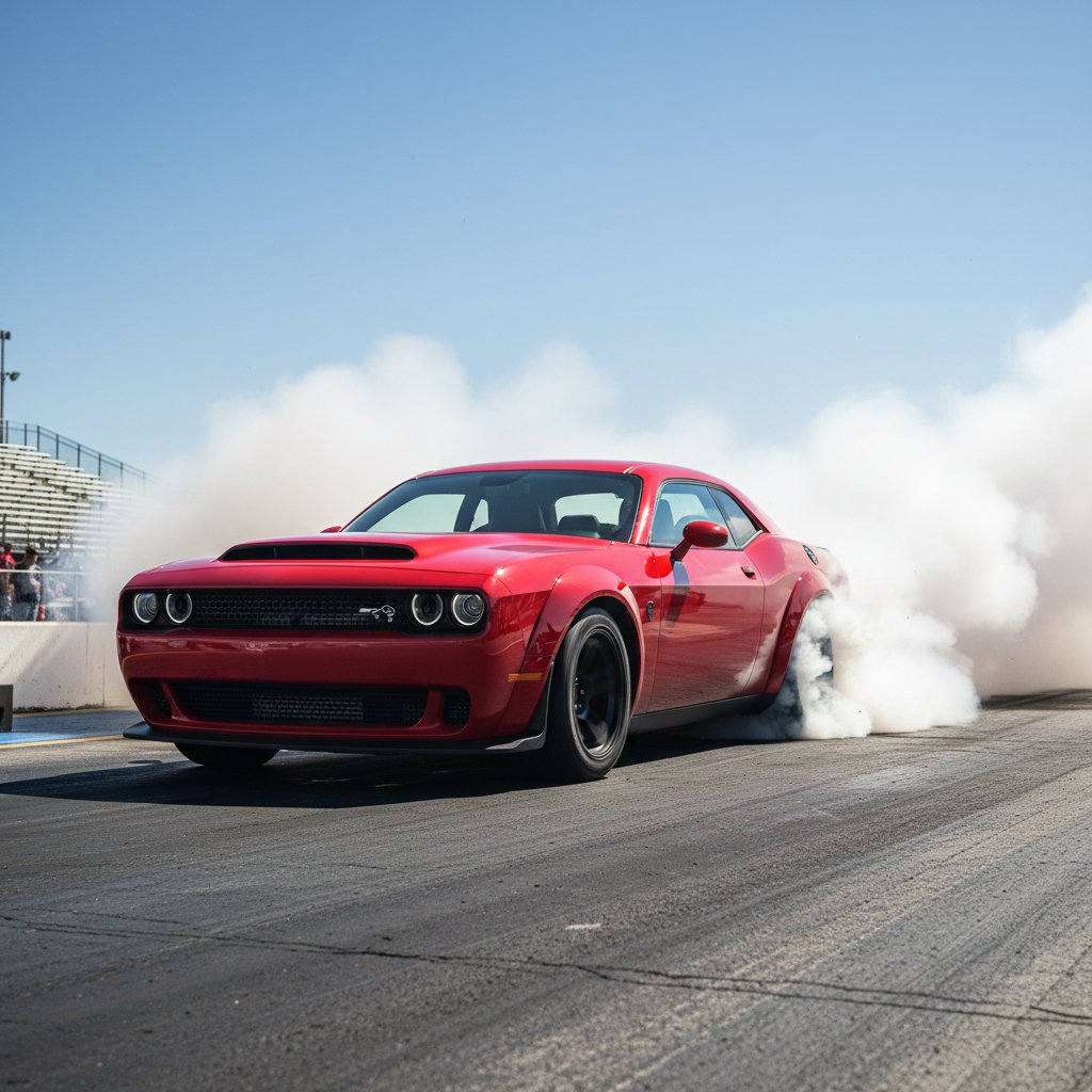 Red Dodge Challenger SRT with drag racing modifications at dragstrip