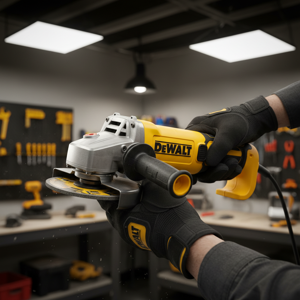 Professional power drill and angle grinder on workshop surface