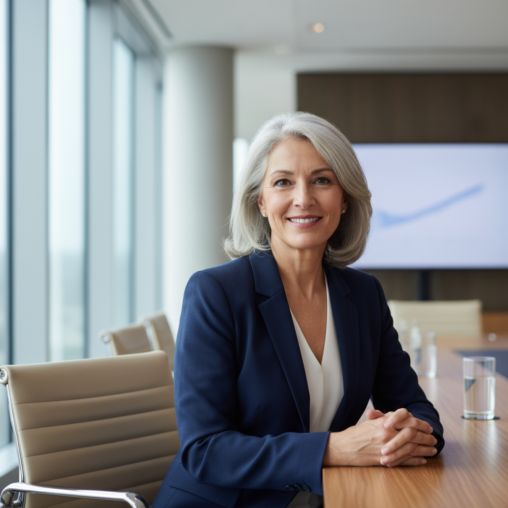 Distinguished woman in her 50s, silver-streaked hair, warm authoritative smile, tailored blazer, soft studio lighting